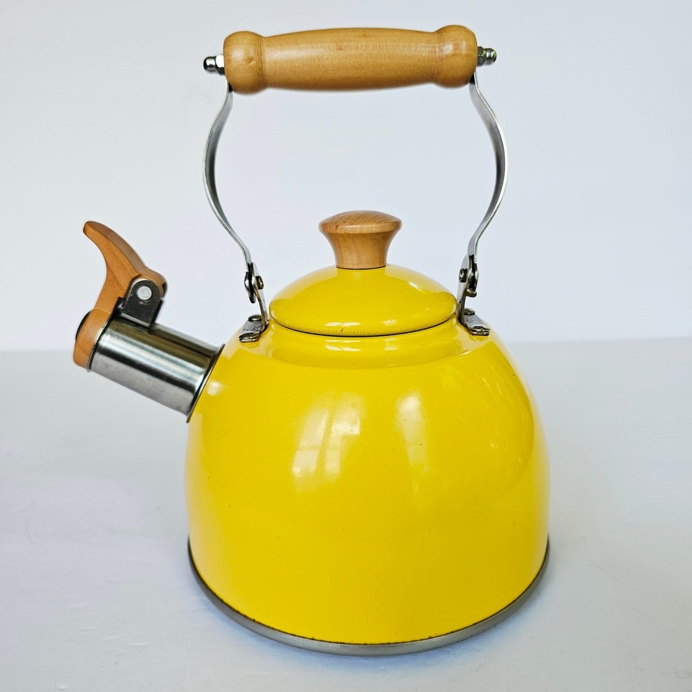 Vintage Yellow Enamel Whistling Tea Kettle Wood Handle Retro Kitchen Decor
